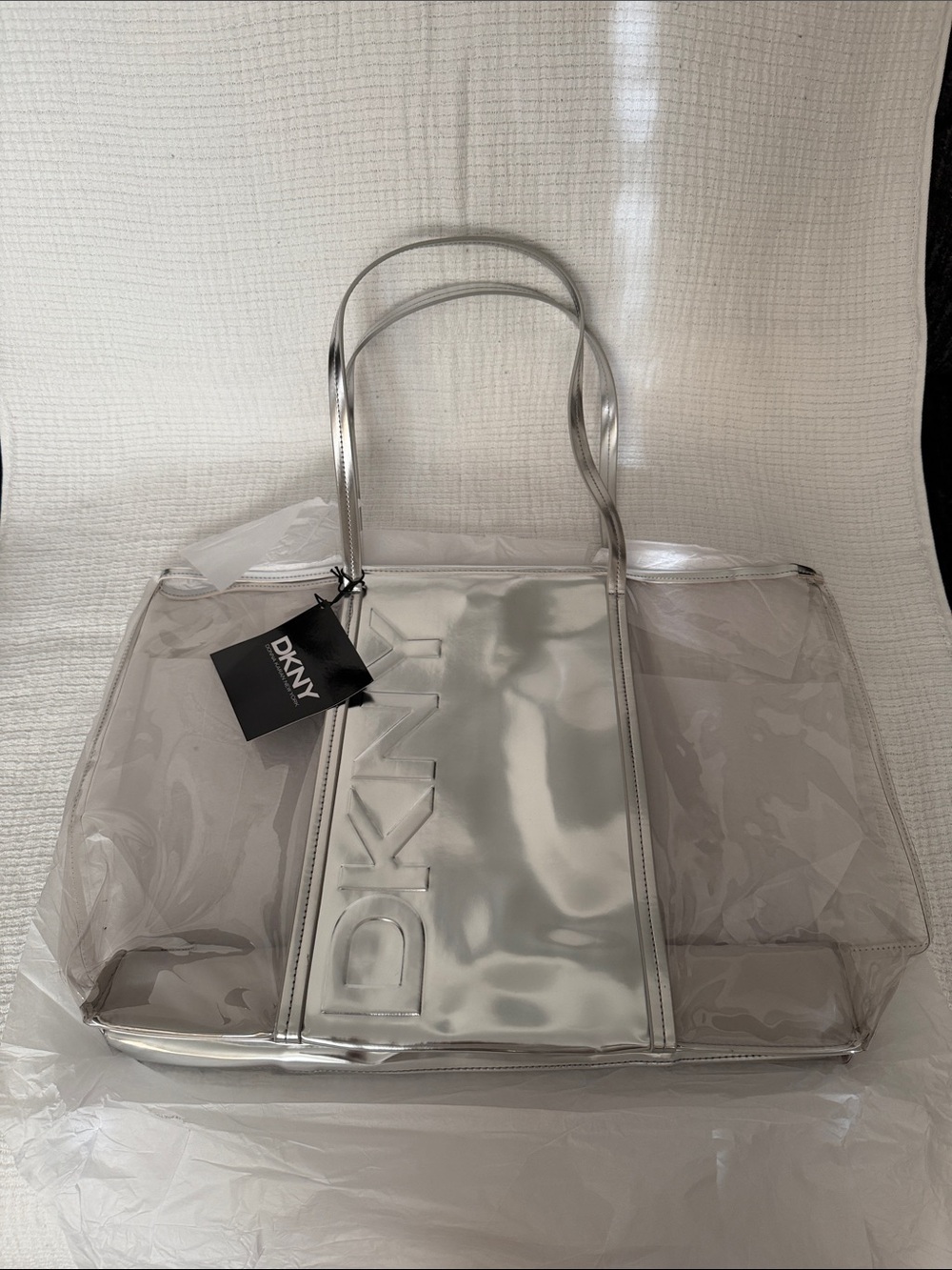 DKNY Silver Clear Tote with Metallic Center Panel
